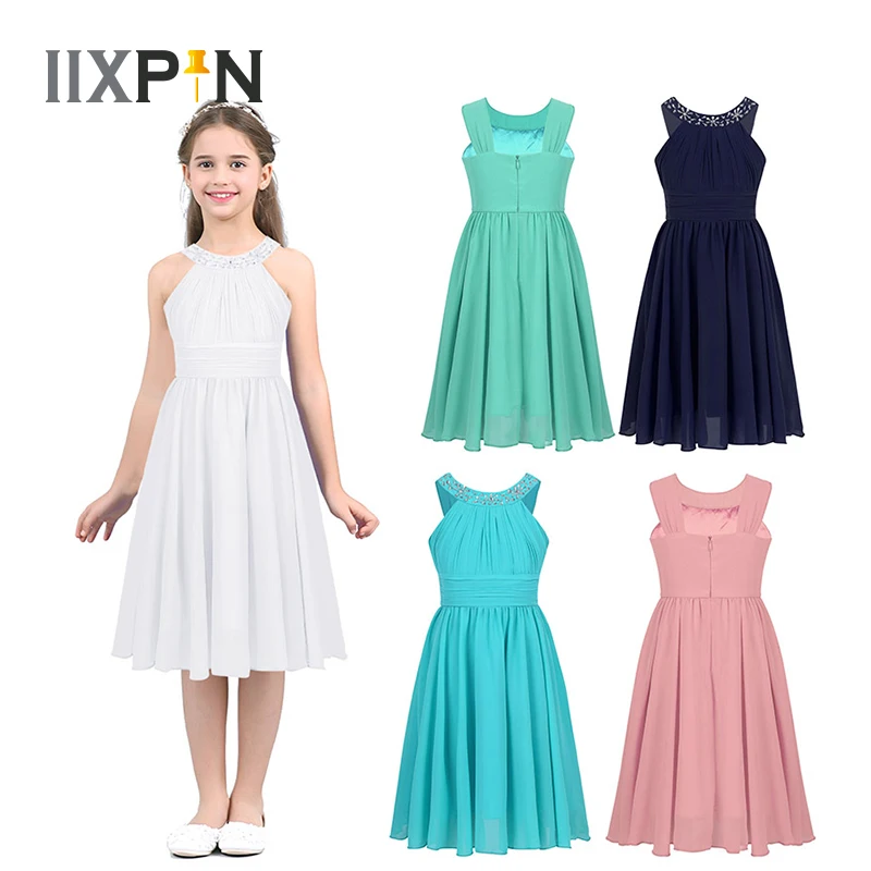 Купи Children Rhinestone Halter Neck Chiffon Flower Girl Dress Kids Princess Dresses For Girls Wedding Pageant Birthday Party Dress за 941 рублей в магазине AliExpress