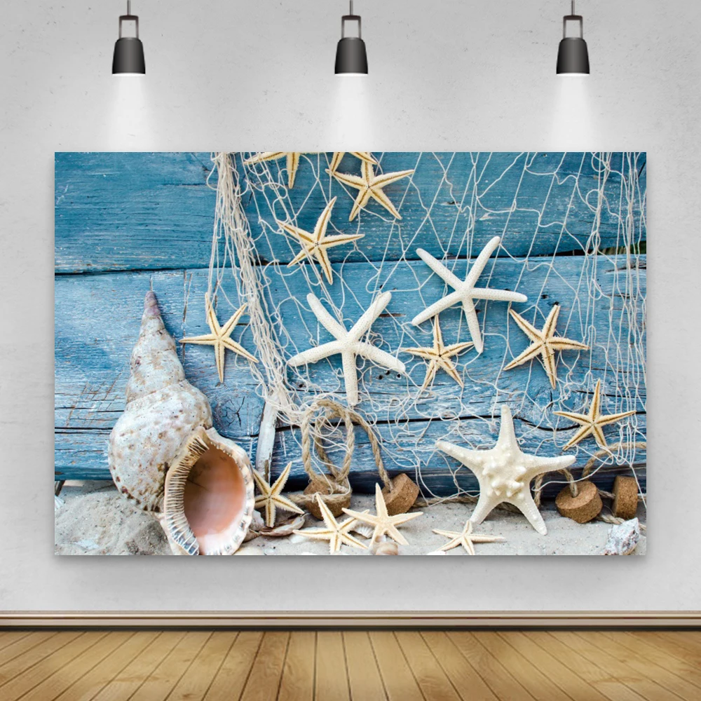 

Laeacco летние Тропические рыбы кораллы, морские звезды песок синий планки вечерние Декор фотографический фон, фото-декорации Фотостудия