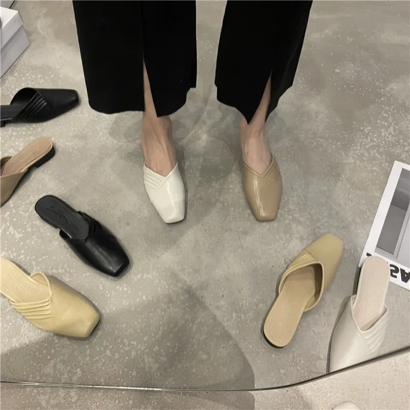 

Bailamos 2021 Women Mules Shoes Casual Low Heel Outdoor Slipper Slides Sandal Flip Flop Round Toe Slip On Flats Home Shoes