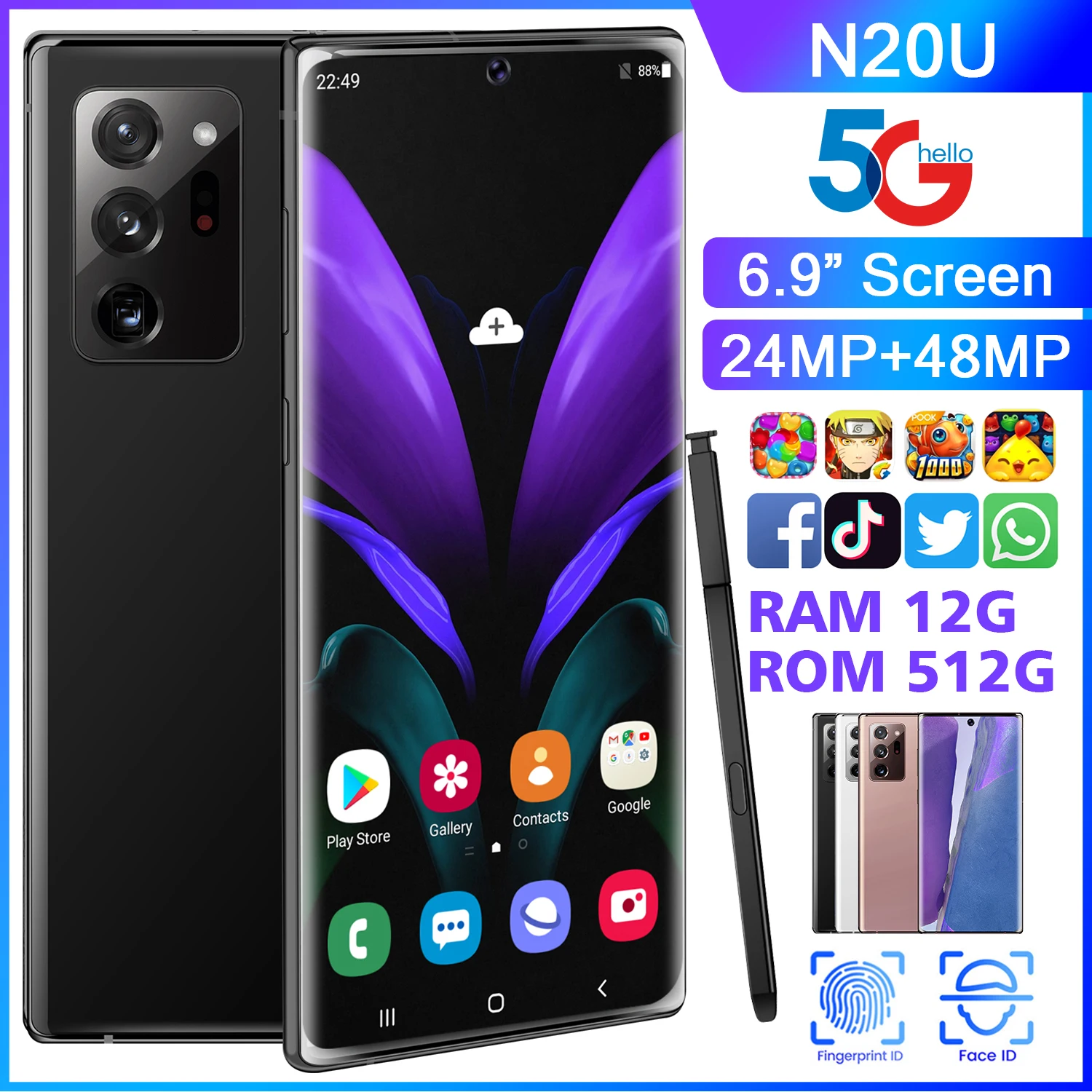 

Global Version Galxy N20U 6.9inch Smartphone Full Screen 12GB+ 512GB Finger Face ID Dual Camera Android 104G Smart Mobile Phone