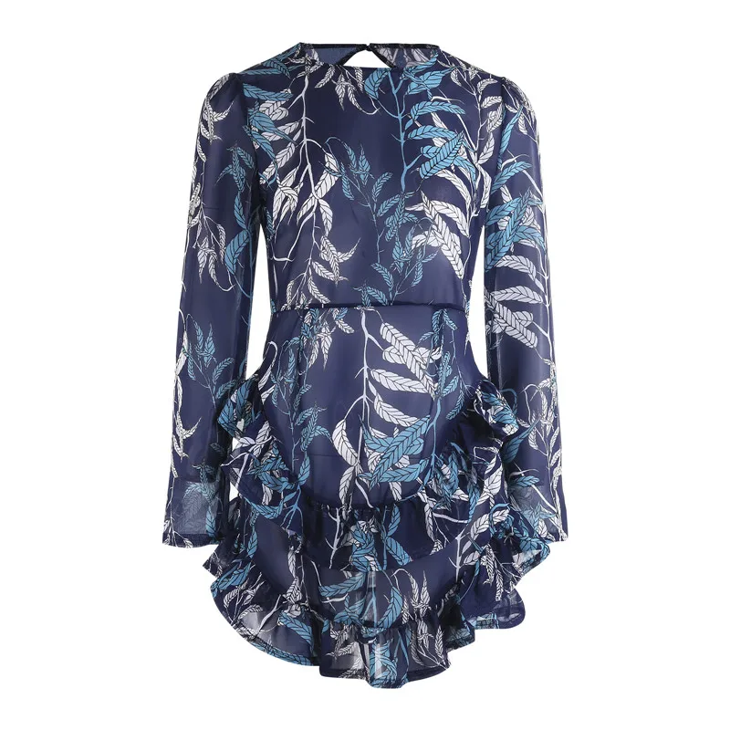 

Summer Sexy Backless Print Women Dress Elegant O-Neck Women Party Dress Spring Long Sleeve Ruffle Mini Dress Vestido