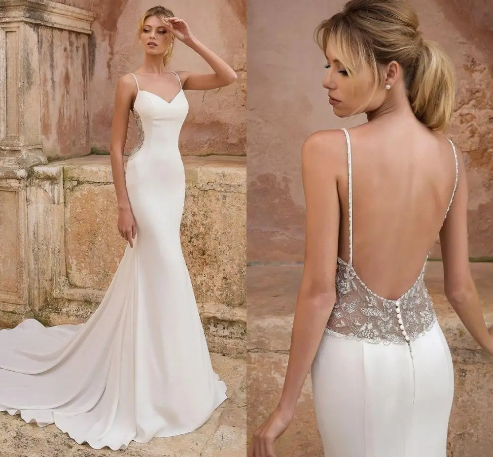 

Gorgeous Beads Mermaid Wedding Dresses 2020 Spaghetti Straps Backless Sweep Train Beach Country Bridal Gowns vestidos de noiva