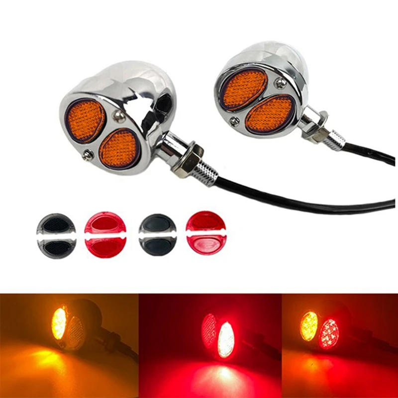 

2Pcs Motorcycle 4 Wires Retro LED Turn Signal Twin Light Running Brake Lamp Tail Light for Chopper Chrome