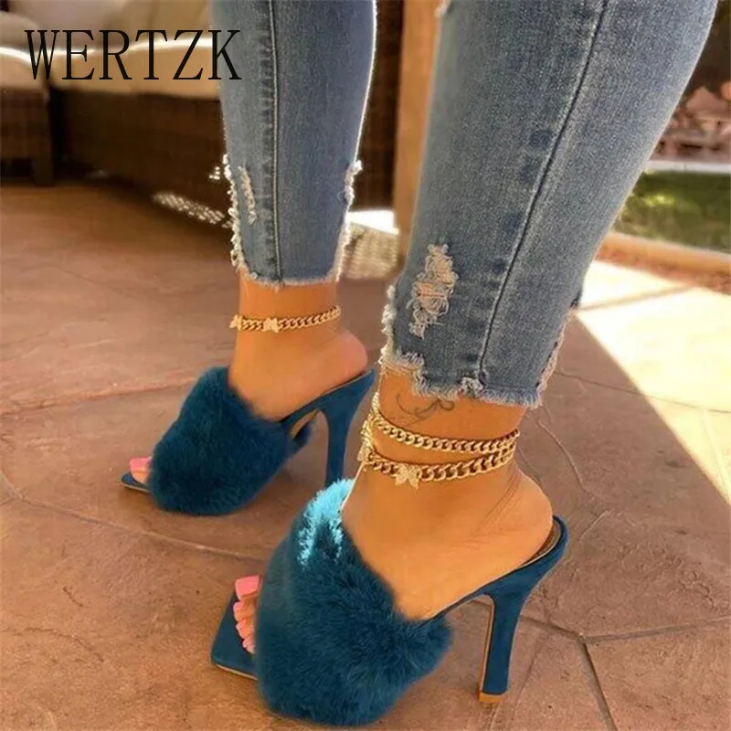 Женские мюли с мехом летние шлепанцы на высоком каблуке перьями и квадратным