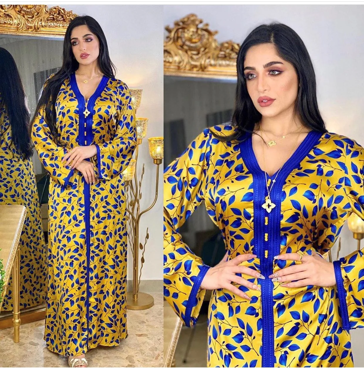 

Luxury Arabic Dresses Silk Print Muslim Abaya Hijab Vestidos Cardigan Kimono Long Robe Gowns Eid Ramadan Islamic Jalabiya Robe