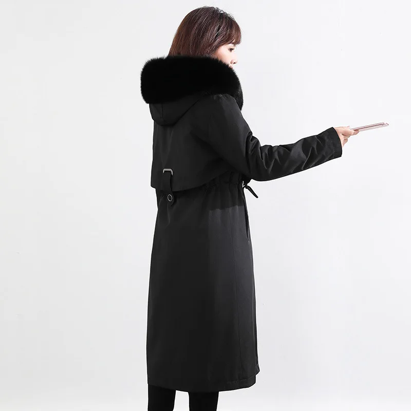 

Winter Rabbit Fur Liner Removable Fox Fur Collar Parka Women Faux Fur Thick Warm Zipper Hooded Coat Slim Waist Belt Overcoat