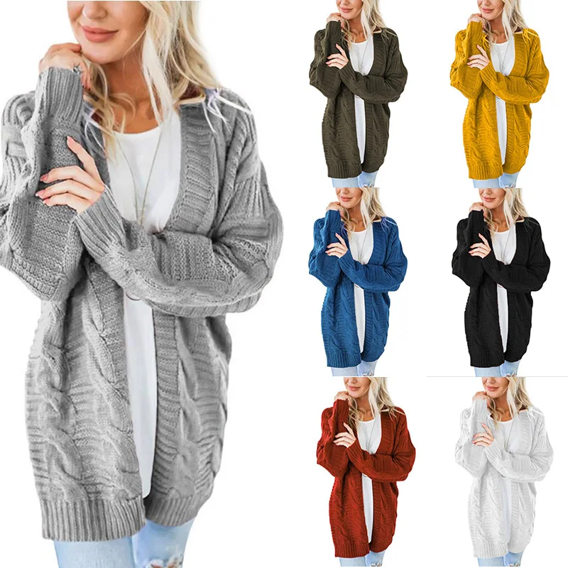 

Autumn Winter New Twist Cardigan European American Style Solid Color Mid-length Thick Knitted Sweater for Women