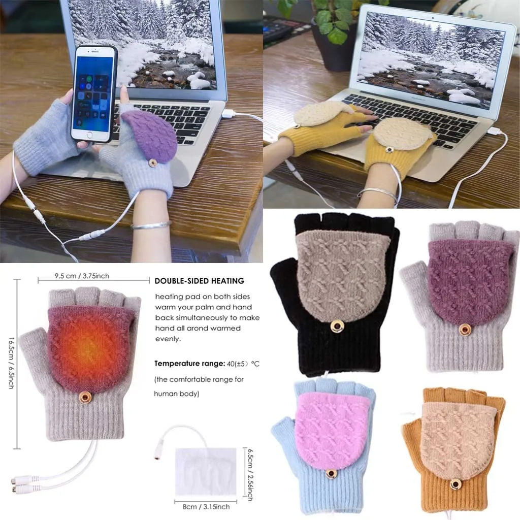 Перчатки для женщин и мужчин теплые тянущиеся вязанные перчатки с USB подогревом