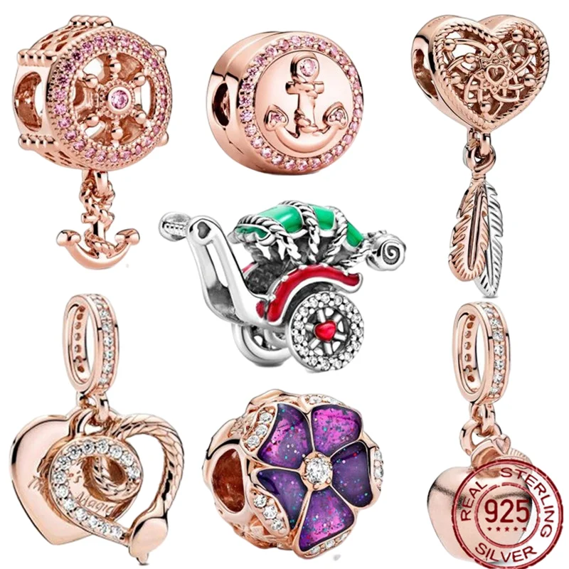 

Real 925 Sterling Silver Beads Rose gold Snake Heart Dangle Charms fit Original Pandora Bracelets Necklaces Women DIY Jewelry