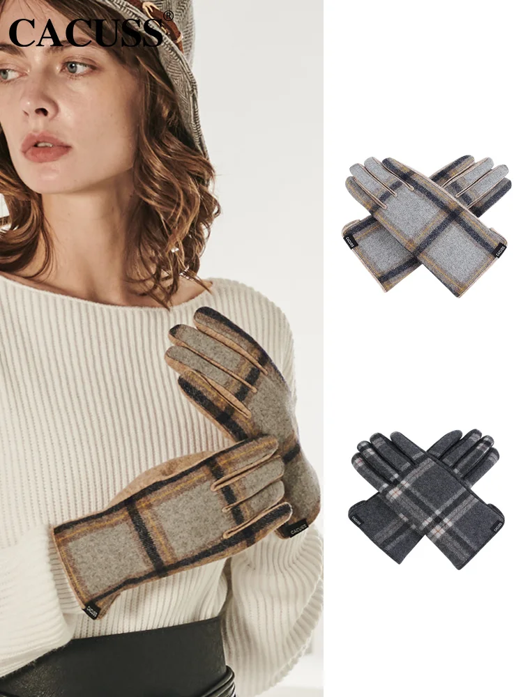 

Winter wool ladies gloves Plaid leisure warmth and velvet thickening points touch screen outdoor fashion cycling driving
