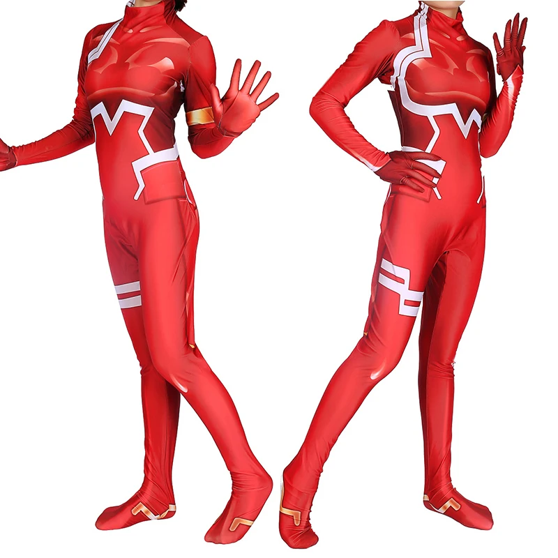 

Bazzery Zero Two Cosplay Costume Darling in the Franxx 02 Klaxosaur Princess 001 Zentai Halloween Bodysuit Catsuit Adults Kids