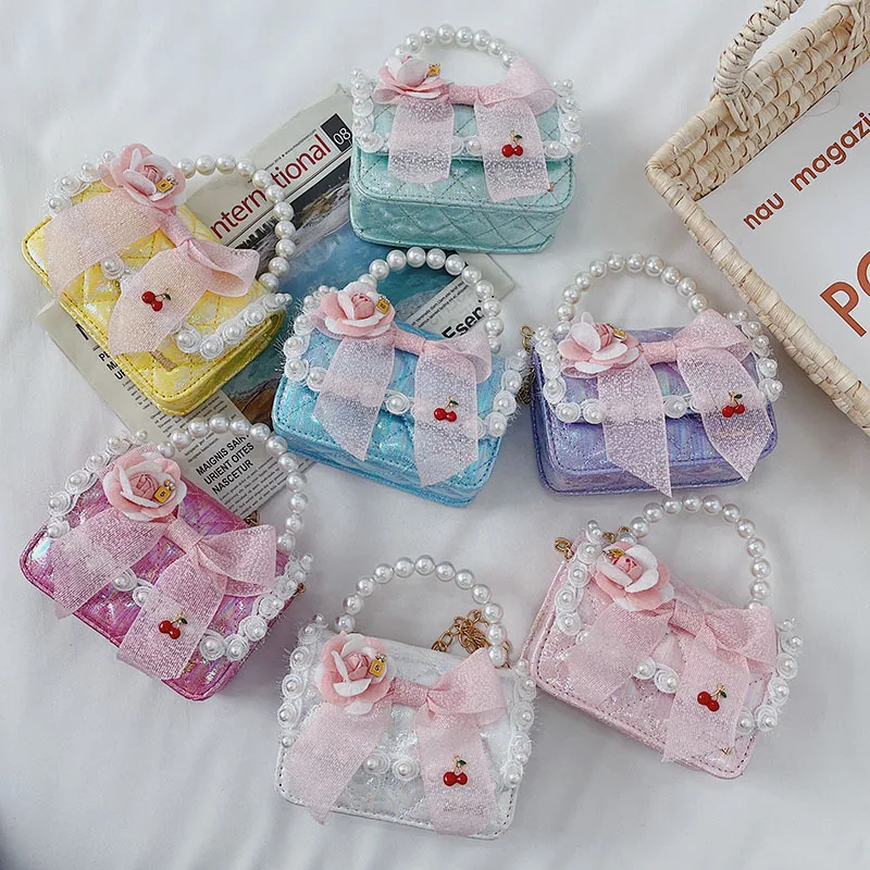 

Kids Mini Purses 2021 Cute Girls Princess Bow Crossbody Bag Kawaii Little Girl Party Pearl Hand Bags Tote Kid Wallet