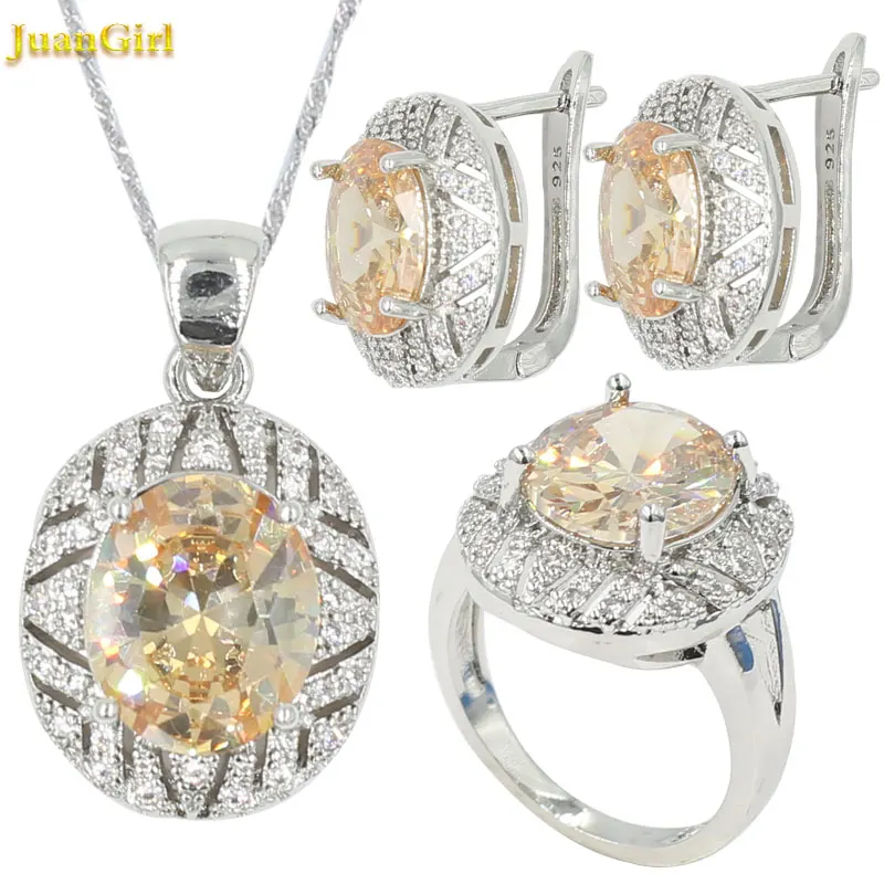 Свадебные ювелирные наборы цвета шампанского AAA циркон серебро 925 женские кольца