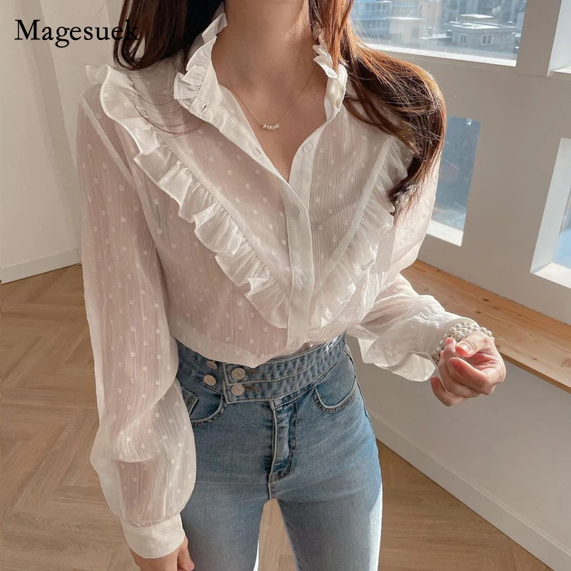 

Spring New Ruffled Chiffon Shirt Vintage See Through Dots Long Sleeve Blouse Women Single Breasted Shirt Ropa De Mujer 13575