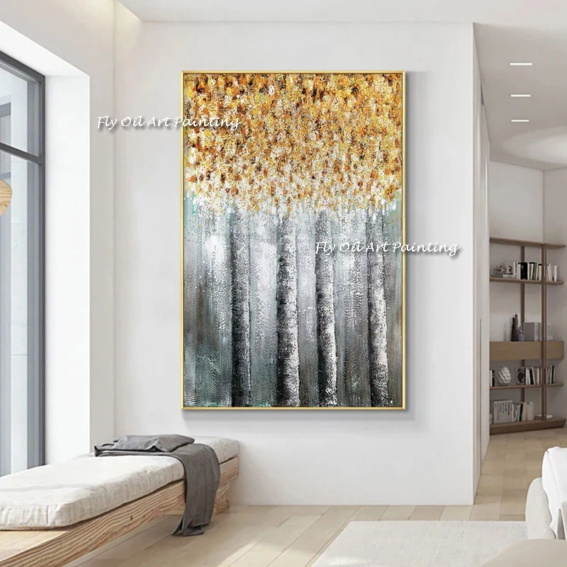 

100% Hand painted Knife Trees Oil Painting On Canvas Palette Golden Yellow Paintings Modern Abstract Wall Art Home Decoration