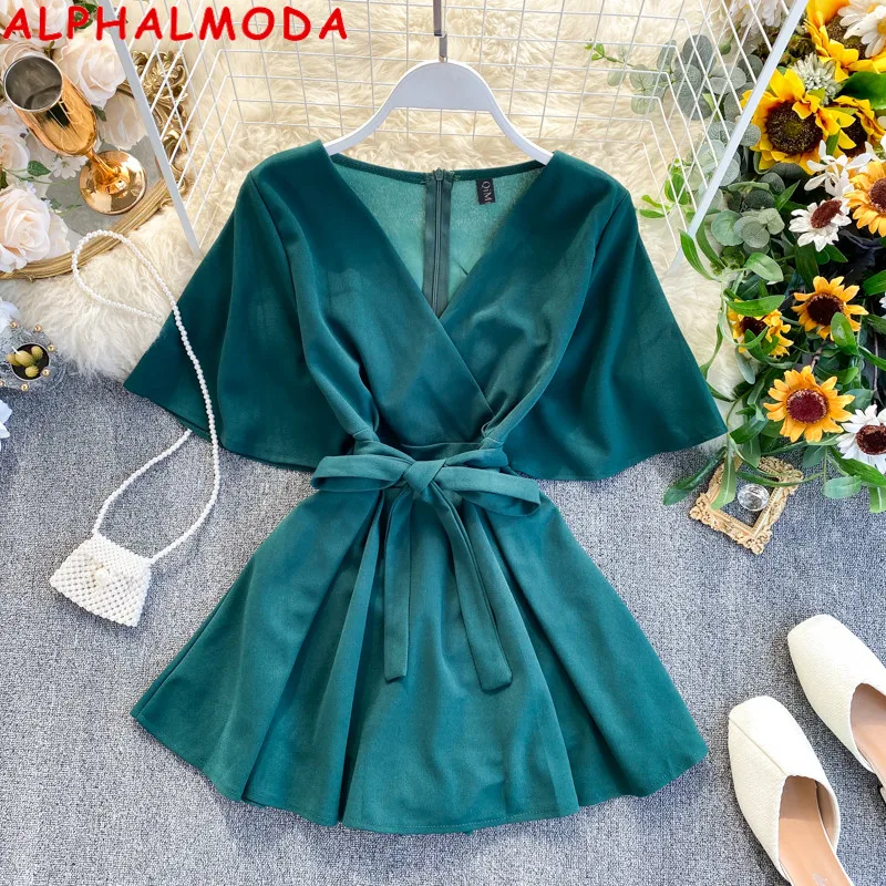 ALPHALMODA Женский Летний комбинезон с v образным вырезом и поясом сплошной цвет