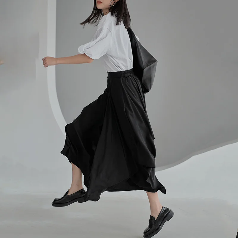 

[EAM] Women Blue Pleated Casual Big Size T-shirt New Round Neck Half Puff Sleeve Fashion Tide Spring Summer 2021 1DD9857