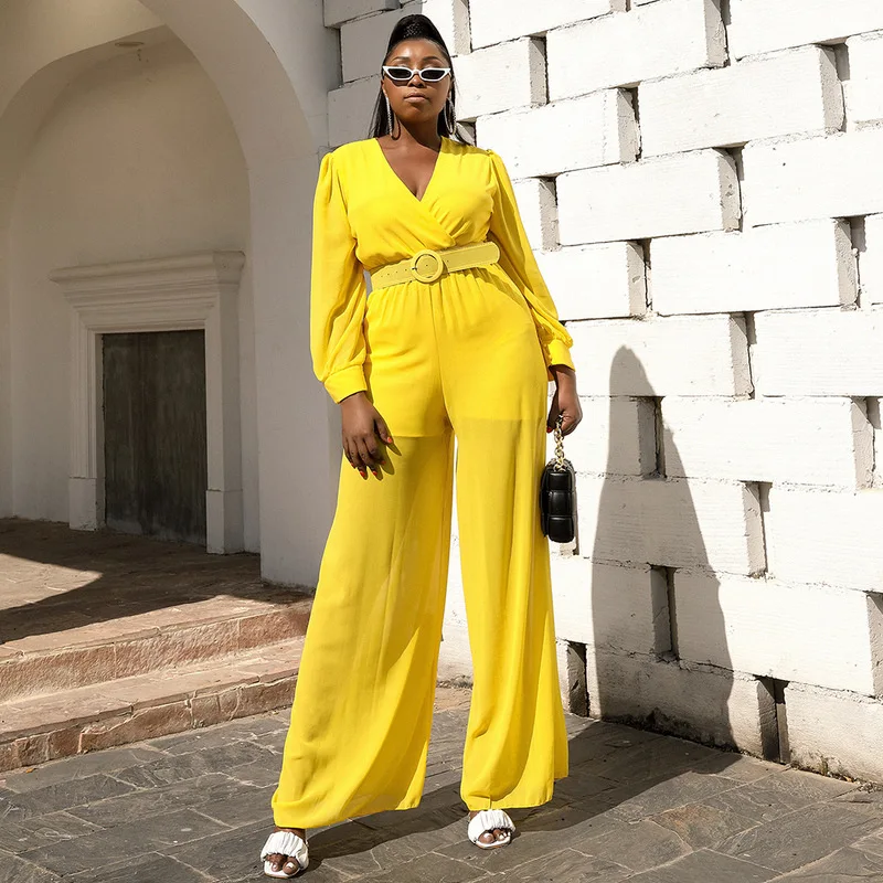

2021 Yellow Long Sleeve V Neck Wide Pants Fat One Piece Set Lady Fashion Elegant Plus Size Chifforn Jumpsuit with Sashes Summer