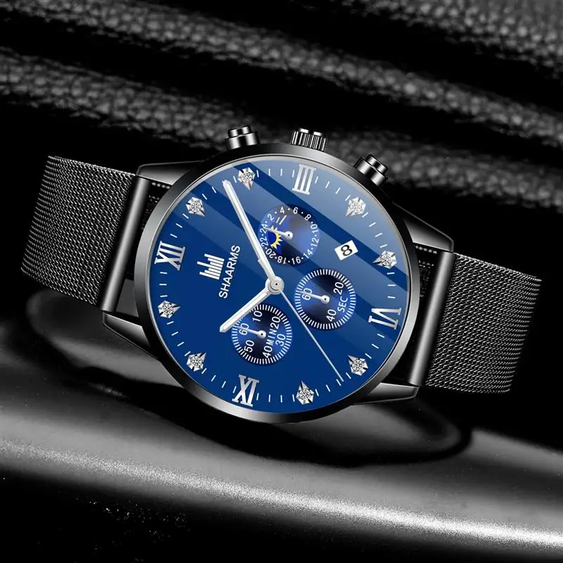 Модные черные мужские часы с бриллиантами и римскими цифрами сетчатые из