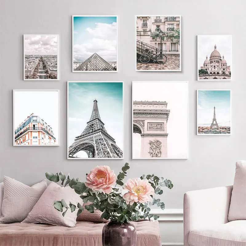 

Paris Eiffel Tower Canvas Painting City Buildings Bicycle Wall Art Nordic Posters and Prints Wall Pictures for Living Room Decor