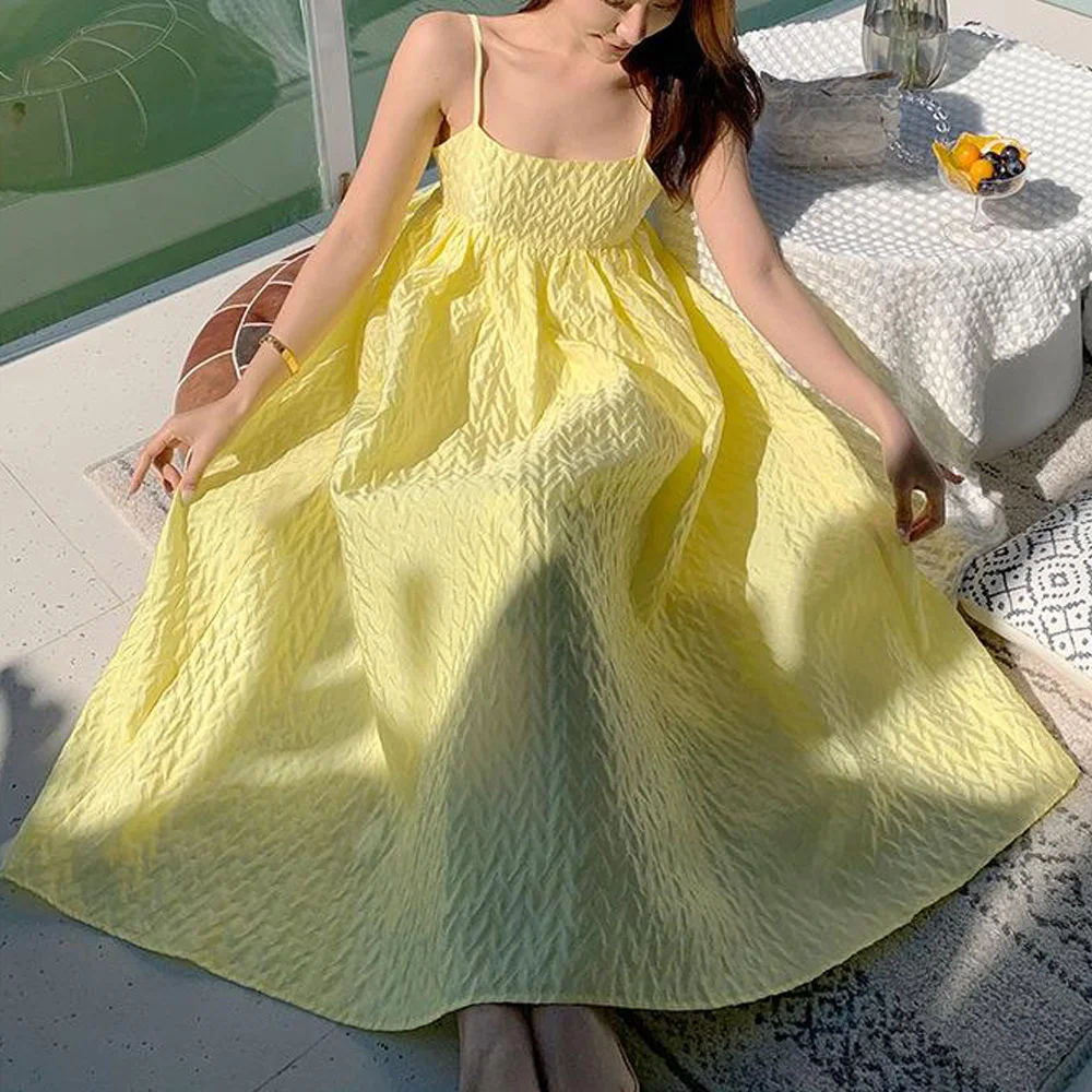 

Летнее платье-макси в стиле бохо, желтое праздничное женское пикантное Модное Длинное Платье на бретелях-спагетти, женский пляжный сарафан,...