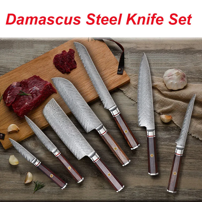 Набор кухонных ножей из настоящей дамасской стали 7 шт. Мясорубка накири сантофу