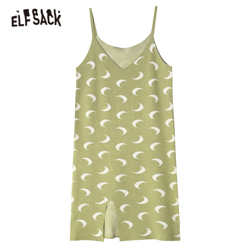 Женское винтажное Повседневное платье ELFSACK зеленое однотонное вязаное с принтом