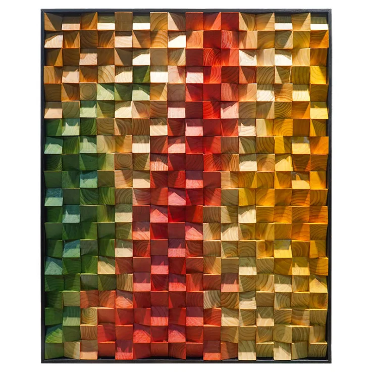 

Painted Yellow Orange Green Solid Pine Wood Mosaic Hanging Picture 3D Wooden Wall Background Backsplash Mural DQ211