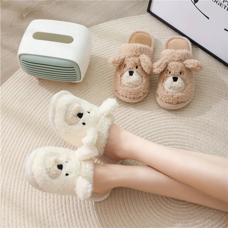 

Winter Woman Slippers Plush Shoes For Women 2022 New Fashion Dog Faux Fur Flat Heel Women Shoes White Beige Plus Size 36-45