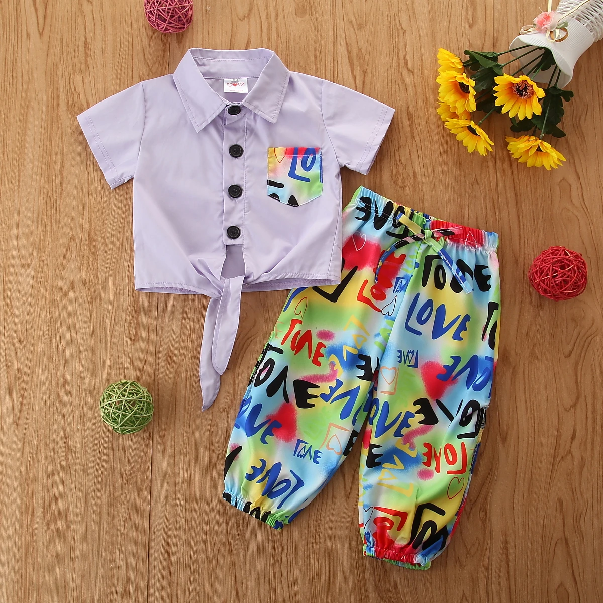 

Summer Lovely Baby Girls Clothes Sets 2pcs Tie Dye LOVE Letter Print Single Breasted Shirts Tops Loose Pants Girls Bell Bottoms