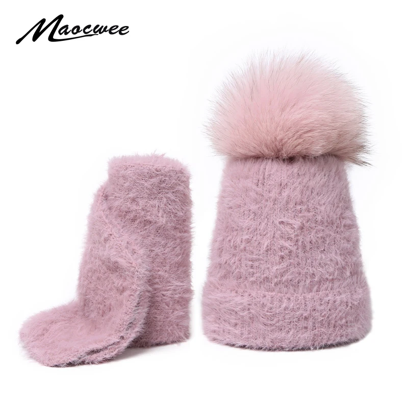 

Scarf Set Real Fur Pom Pom Hat Children Winter Female Warm Wool Nature Fur Crochet Beanie Knitted Soft Solid Elasticity