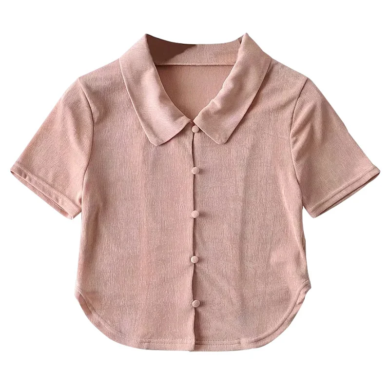 

TVVOVVIN Fashion Lapel Short Sleeve Slim Female Shirt Summer Solid Color Arc-shaped Hem Womens Tops And Blouses NJS8