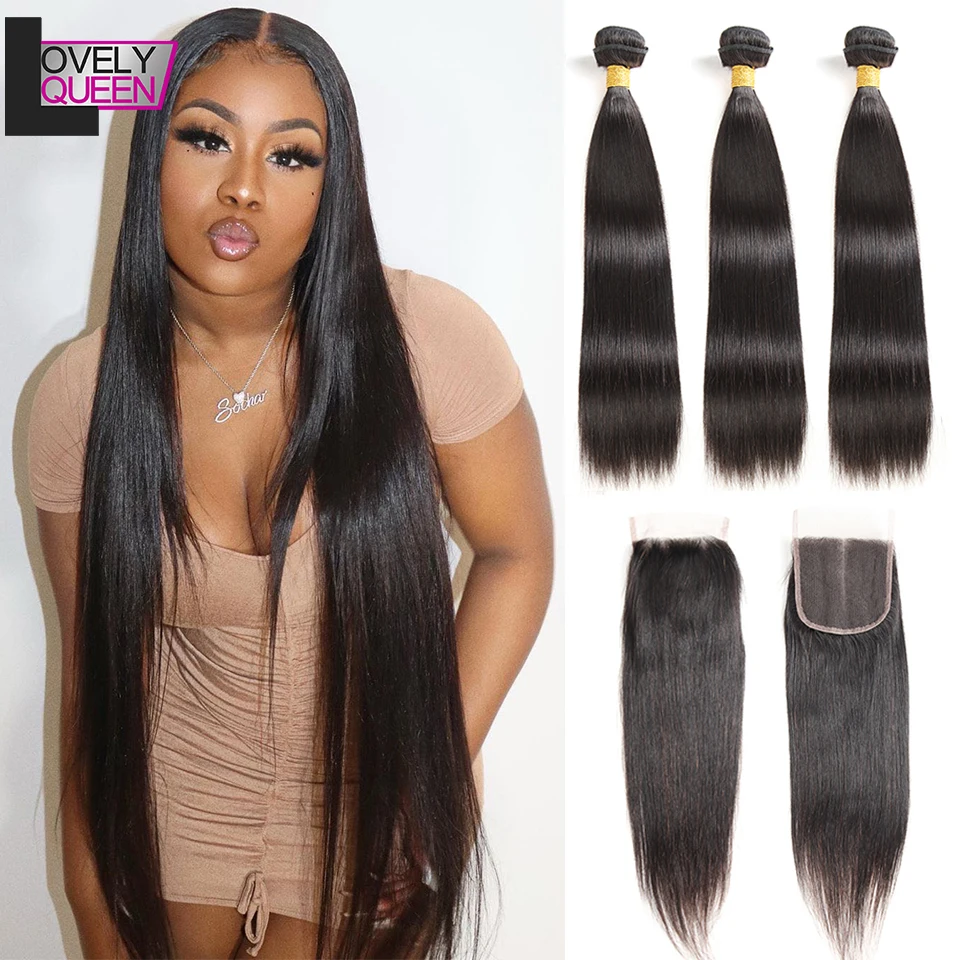 

30 Inch Bundles WIth Closure Straight Bundles With Closure Indian Human Hair Remy Hair 3 or 4 Human Hair Bundles With Closure