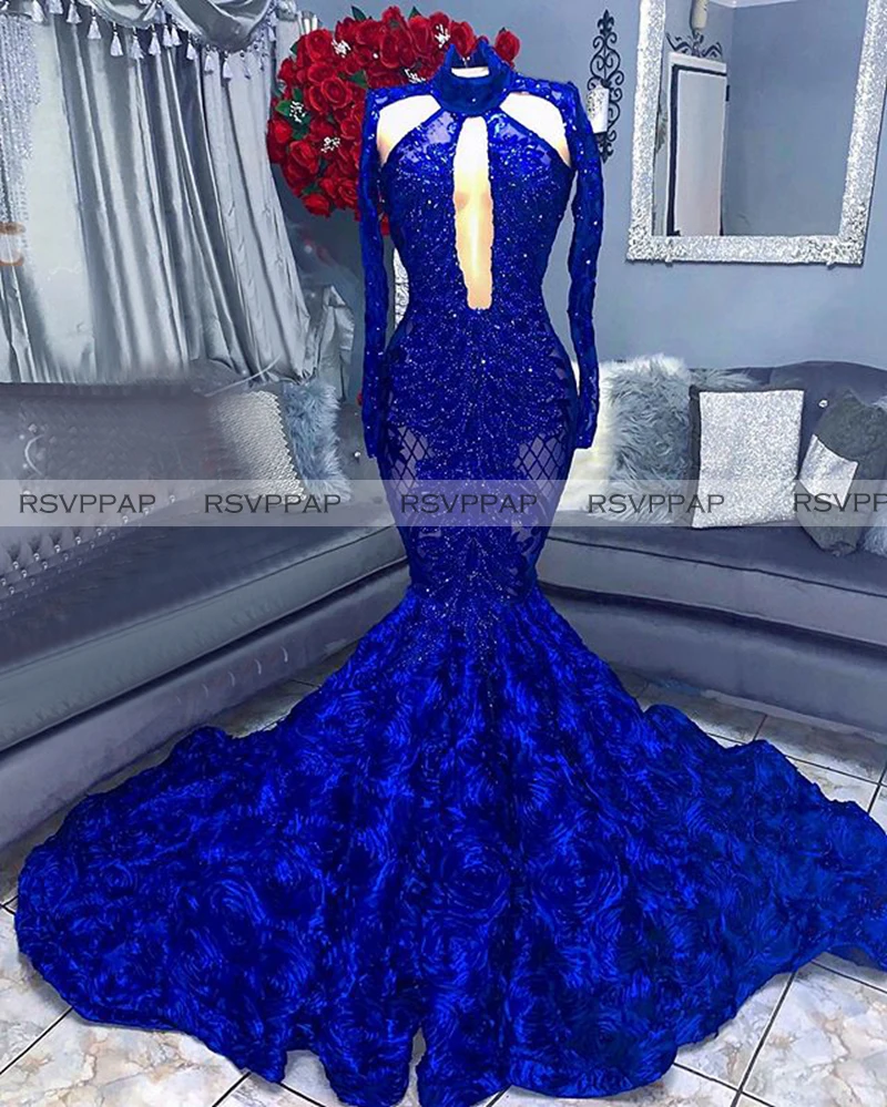 Luxury Long Mermaid Prom Dresses 2020 High Neck Long Sleeves Royal Blue African Black Girls 3D Flowers Prom Gowns With Train