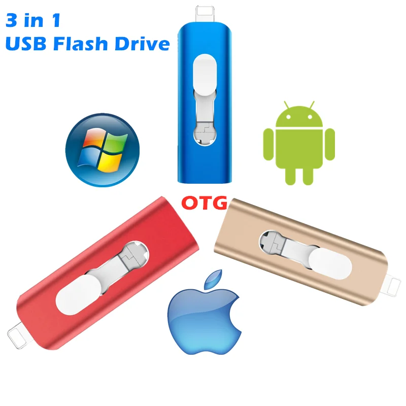 

3 in 1 Usb Flash Drive For iPhone 12/11/6/6s/6Plus/7/7Plus/8/X Usb/Otg/Lightning PenDrive For iOS External Storage Devices 32gb