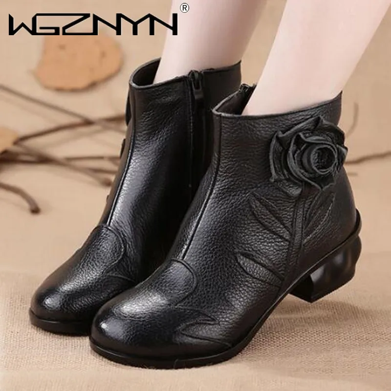 

Autumn and Winter Shoes Women Thick Heel Leather National Style Mid Heel Martin Boots Hand Sewn Flower Boots Zapatos De Mujer