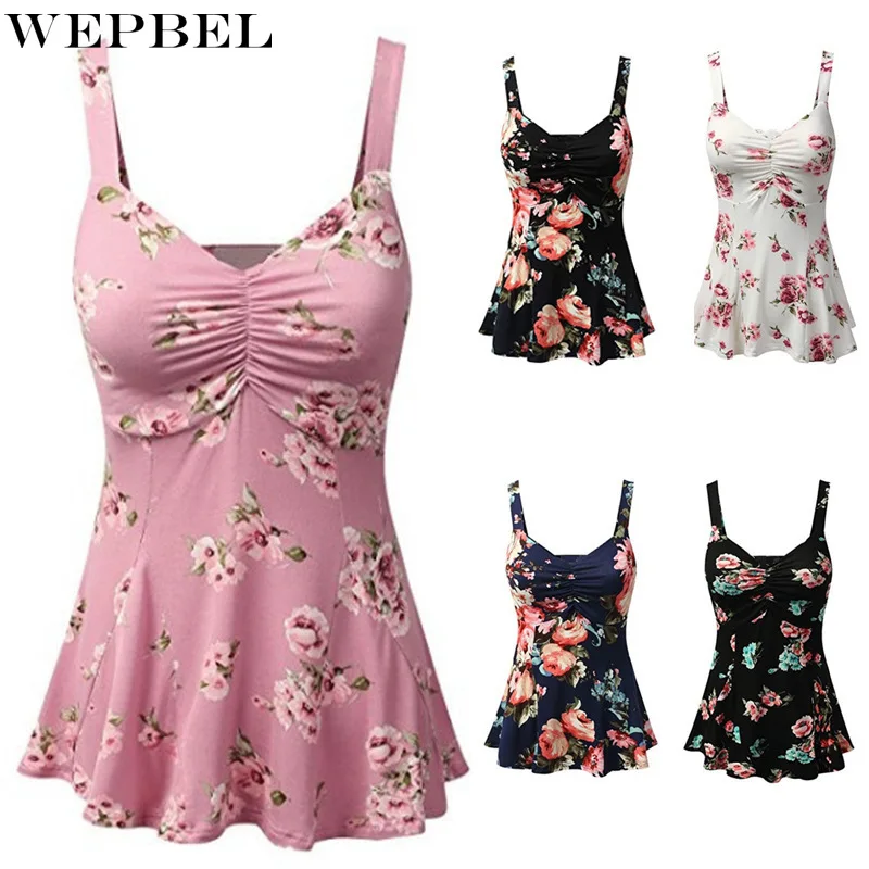 

WEPBEL T-shirt Women's Sexy Floral Print Slim Fit Pleated T-shirt Summer V-neck Backless Spaghetti Strap High Waist T-shirt