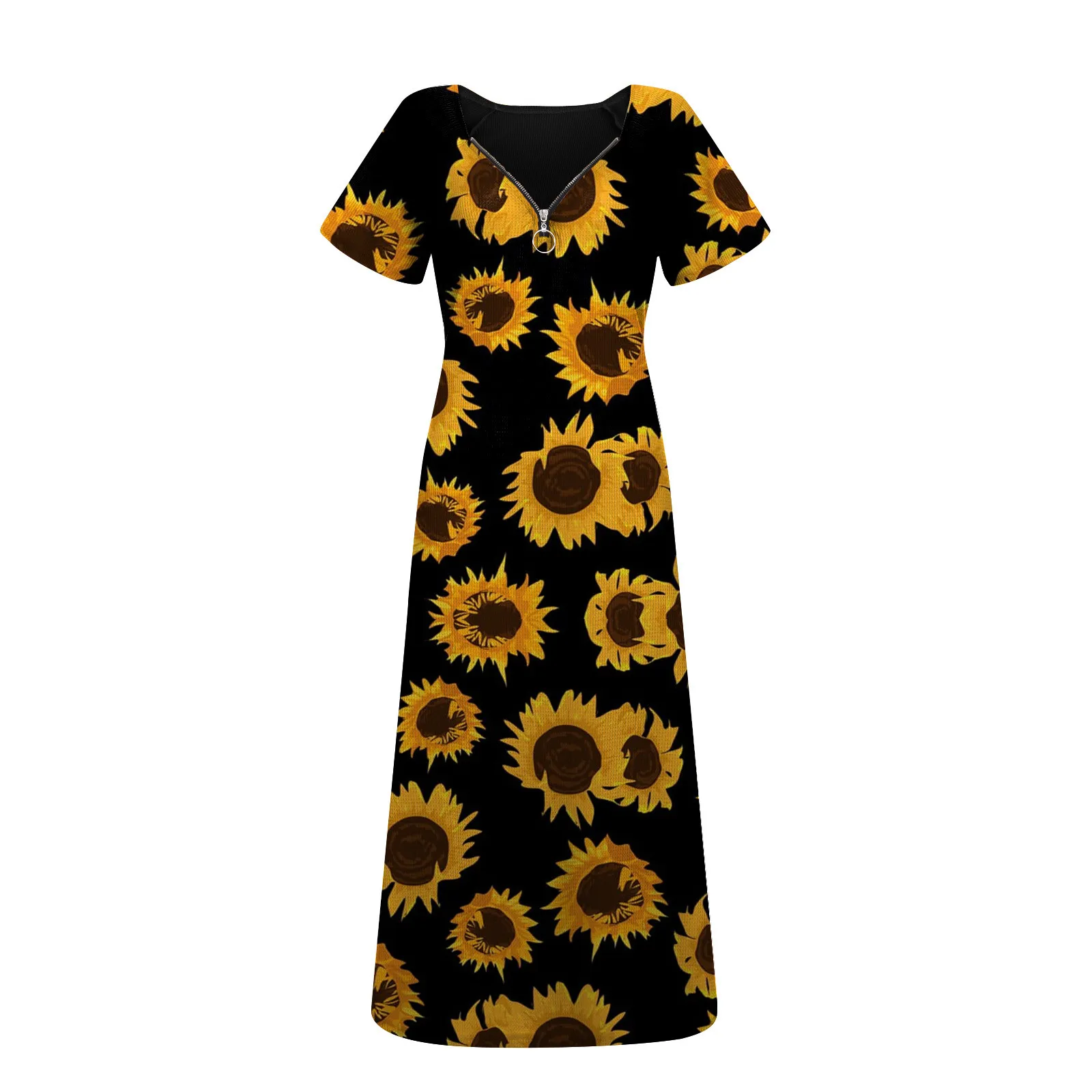 

40# Vintage Floral Print Dress Women Casual Short Sleeve Zipper Maxi Dresses For Women 2021 Loose Elegant Summer Dress Vestidos