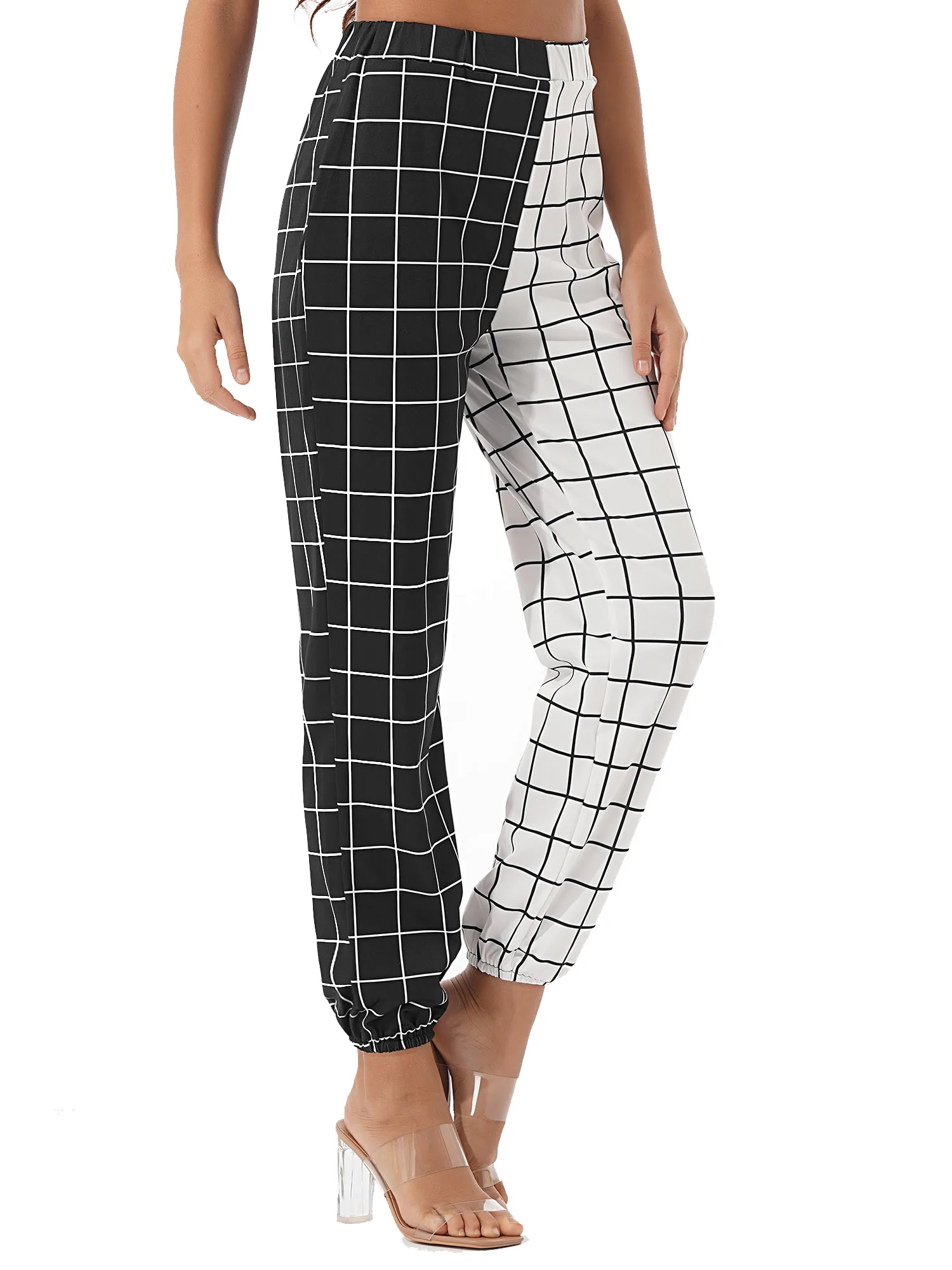 Women Plaid Pajama Pants Sleepwear Soft Casual Long Elastic  Contrast Color Pj Bottom Loungewear Long Trousers