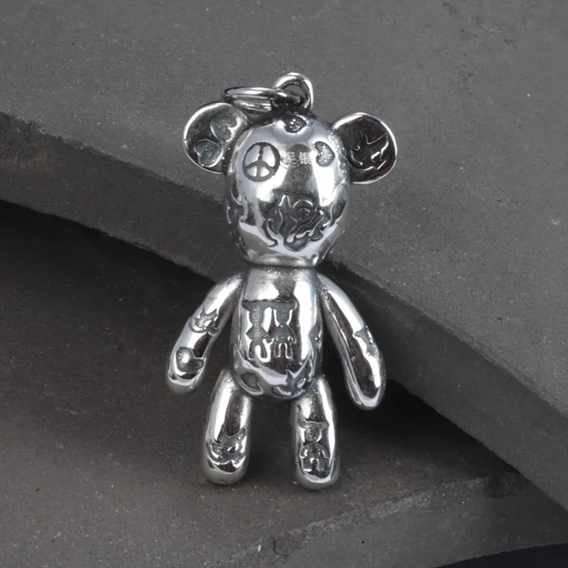 

100%925 sterling silver sterling silver bear pendant, retro light three-dimensional double-sided cute pendant