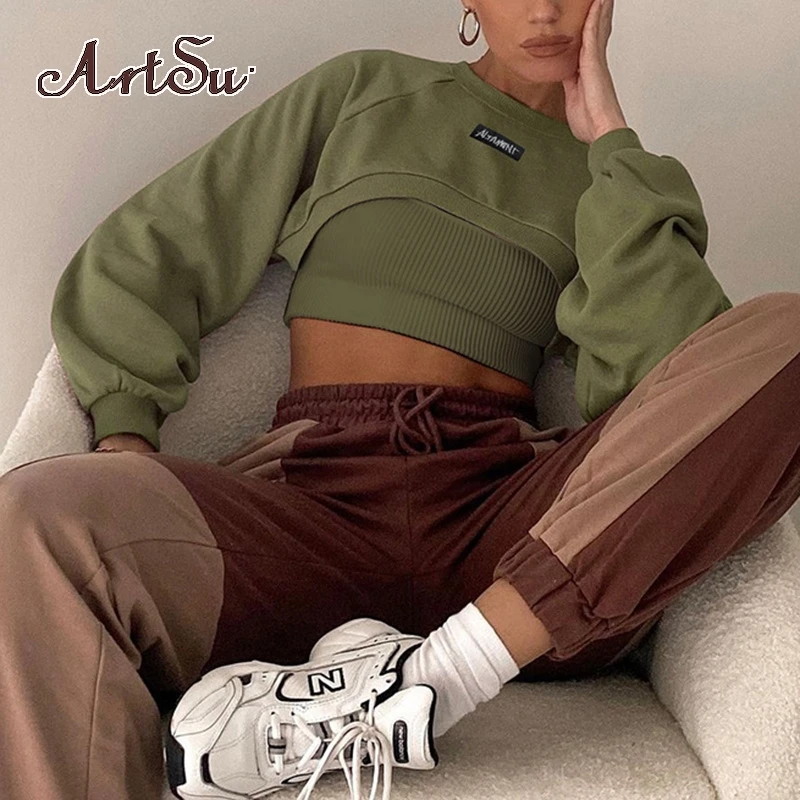 

Artsu модный короткий свитер пуловер + внутренний жилет свободная повседневная одежда сплошной цвет с круглым вырезом Женская верхняя одежда ...