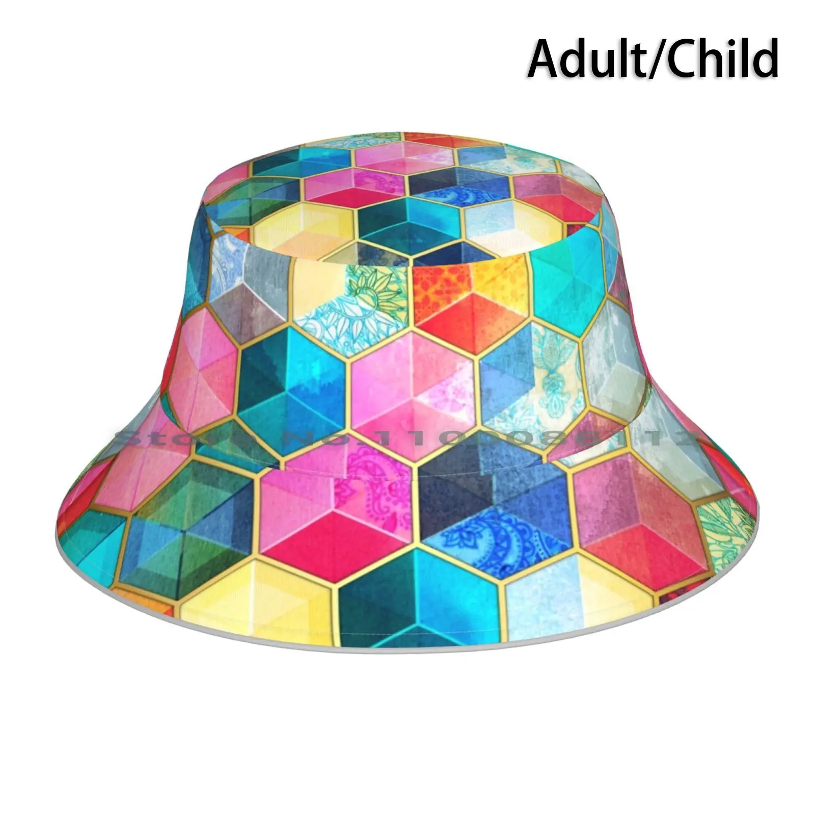 

Crystal Bohemian Honeycomb Cubes-Colorful Hexagon Pattern Bucket Hat Sun Cap Hexagon Honeycomb Geometric Geometry Rainbow