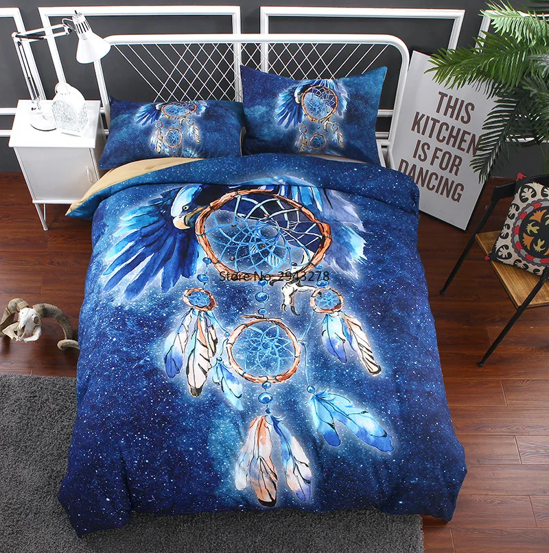 

Dream Catcher Luxury Design Bedding Set Bohemian Cartoon Blue Printed Adult Duvet Cover Set with Pillowcase 3pcs King Queen Size