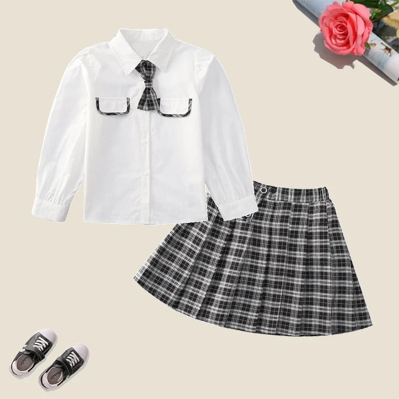 

Preppy Style Girls Sets Spring & Autumn Long Sleeve Tops & Plaid Skirt 2Pcs Kids Suit Fashion 3-14Y Children Clothes 2021