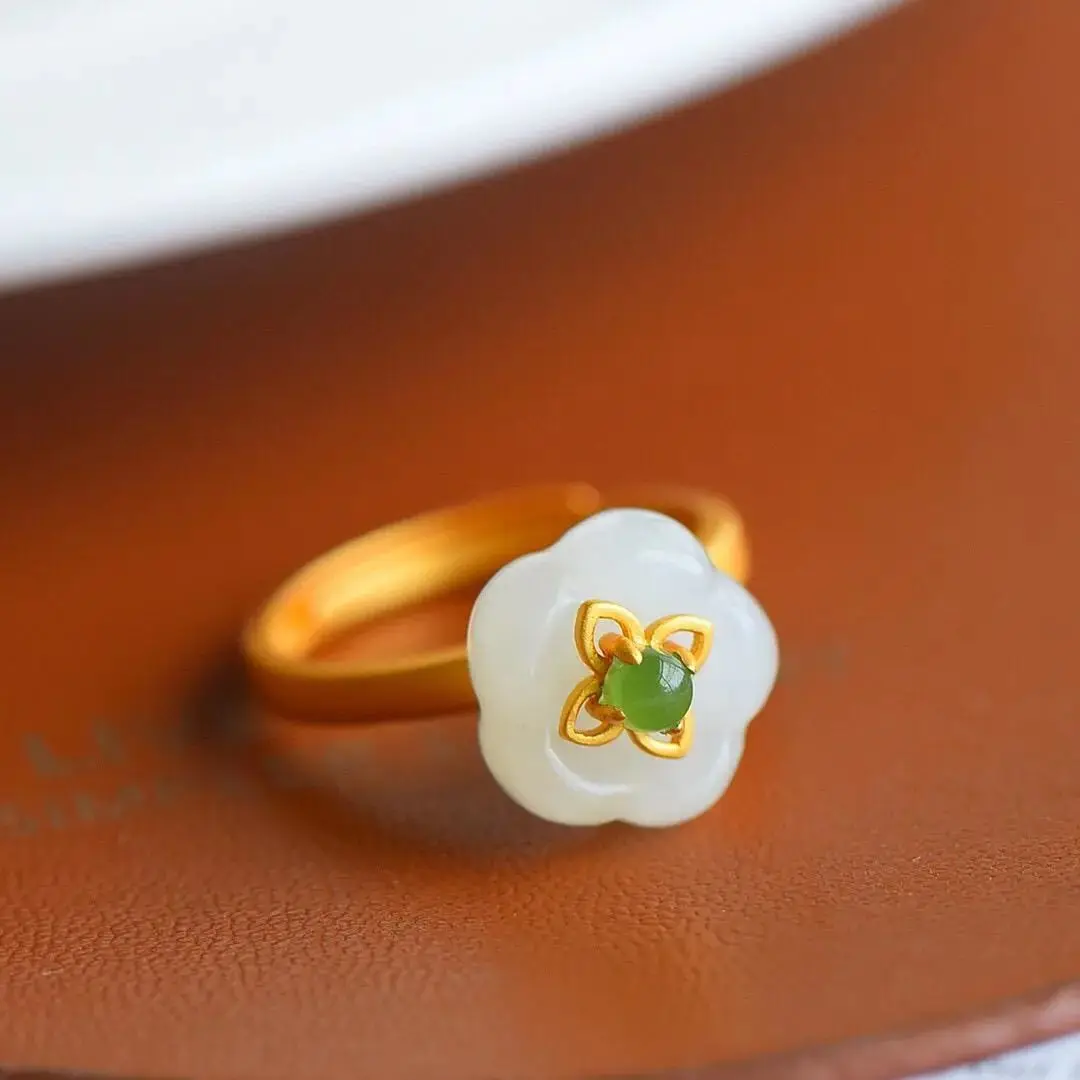 

Natural Hetian white jade flower adjustable ring Chinese style retro small and exquisite charm women's brand silver jewelry