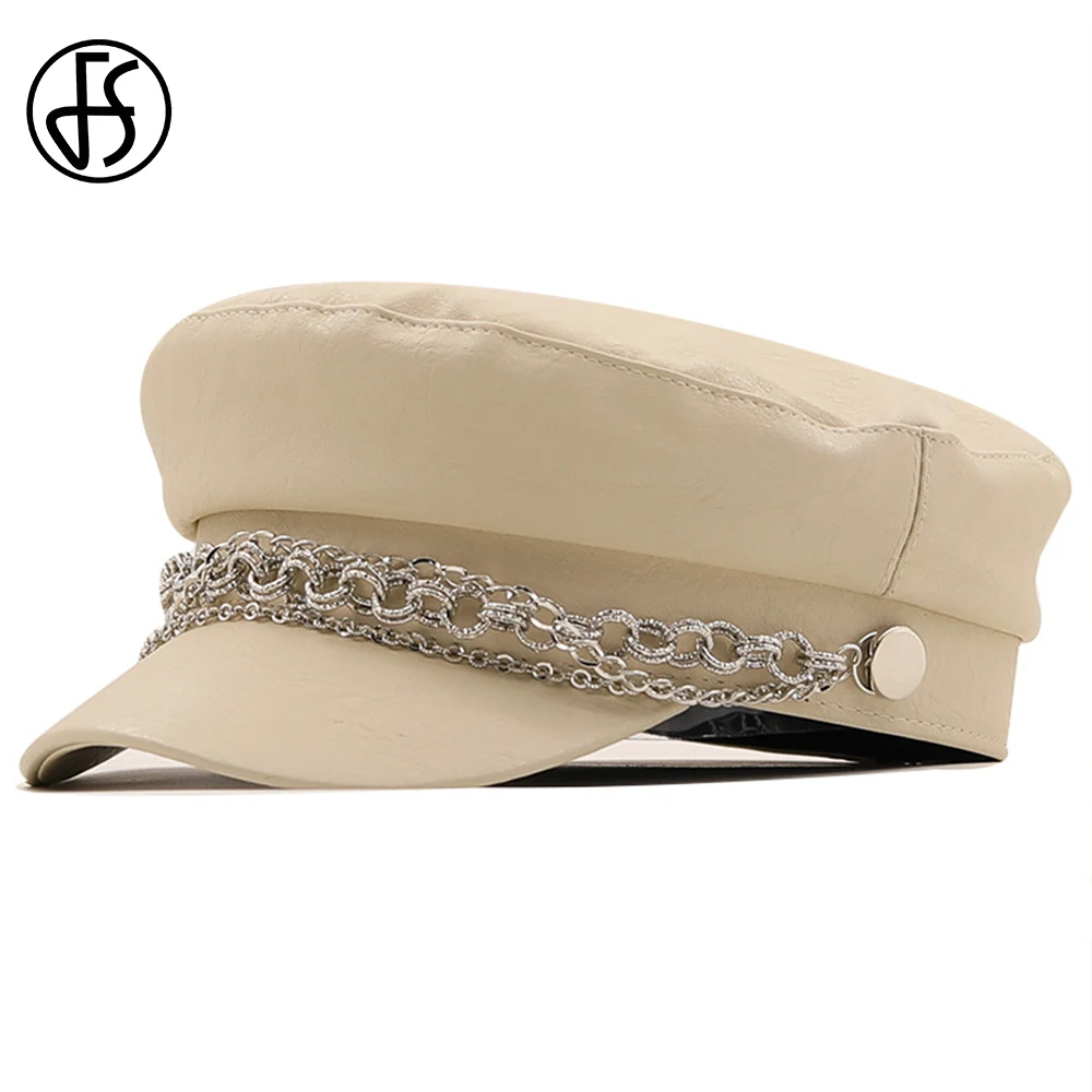 

FS Simple Silver Chain Beret For Women Elegant PU Leather Winter Hat Wild Octagonal Cap British Retro Painter Hats Chapeau Femme