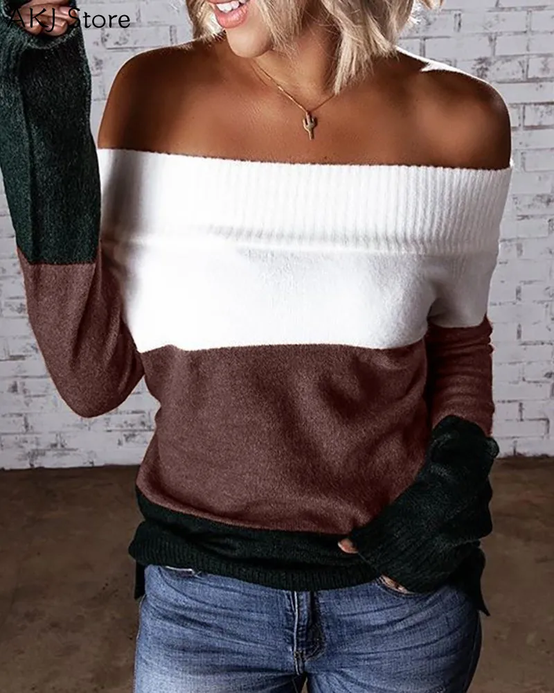 

Women Off Shoulder Colorblock Long Sleeve Sweater