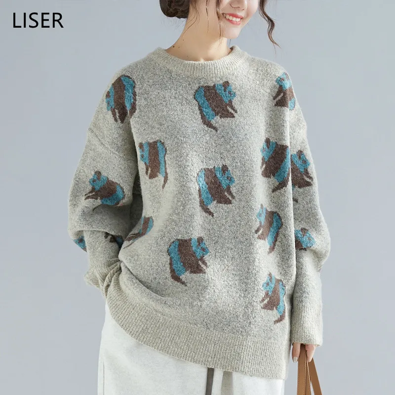 

Spring Autumn Fashion Pullover Sweater Women Loose Leisure Animal Panda Print 2022 New Art And Simple Knitted Sweater LL162