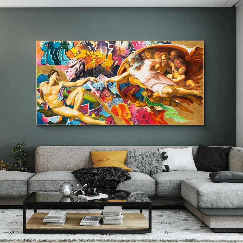 

Classical Famous Oil Painting on Canvas Colorful Graffiti Creation of Adam Art Posters Picture for Living Room Home Wall Decor