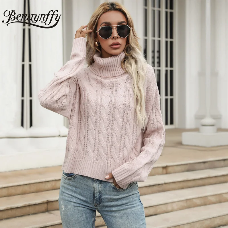 

Benuynffy Drop Shoulder Turtleneck Women Sweater Autumn Winter Fashion Soft Pink Oversized Long Sleeve Pullover Female Knitwear
